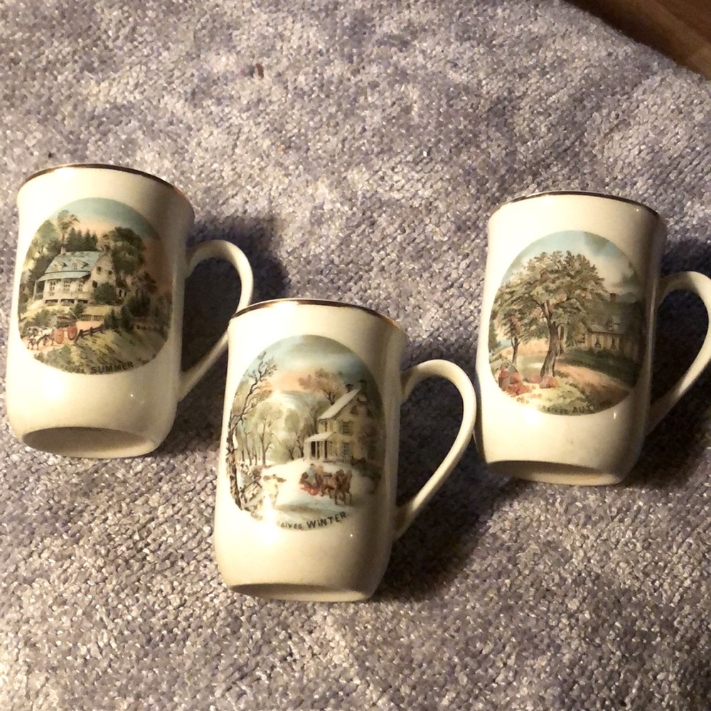 Vintage 1970s Currier And Ives Three Seasons Mugs